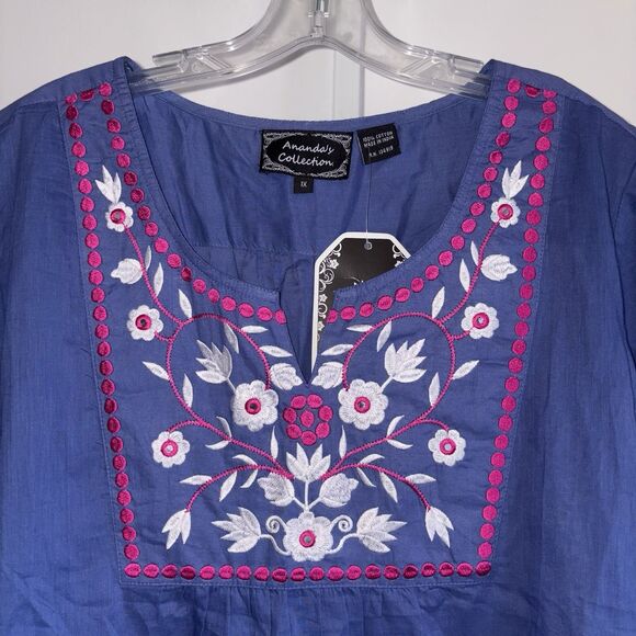 Ana-K Anandas Collection Blue Pink Embroidered Tunic Top Plus Size 1X NWT - Picture 3 of 9